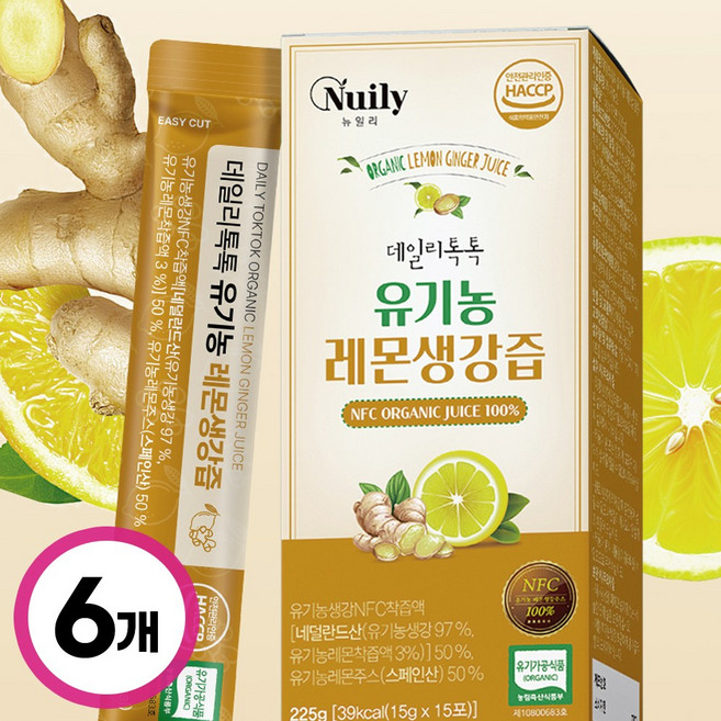 데일리톡톡 물타지않은 유기농 NFC 착즙 레몬생강즙 레몬차 생강차 스틱, 6박스, 225g