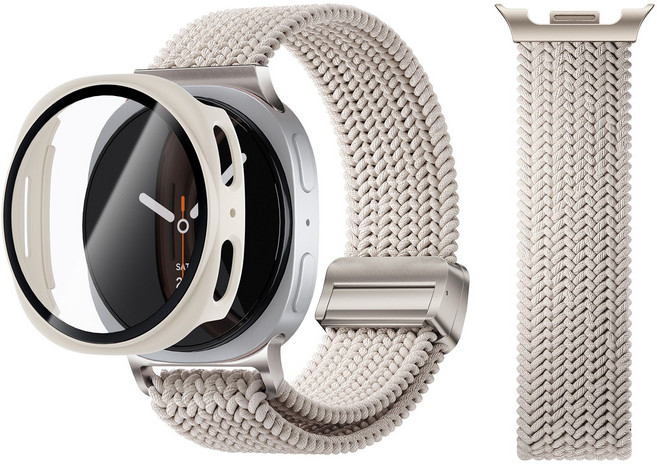 AITEWO 갤럭시워치 애플워치 호환 스트랩 브레이드 솔로루프 버클형 밴드 시계줄 풀커버 강화유리 케이스 세트, 1개, 베이지