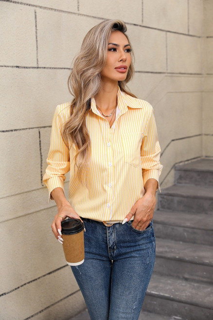 【歐美寬鬆】條紋襯衫 女式襯衫 長袖襯衫 休閒襯衫 通勤襯衫 商務襯衫 亞麻混紡 有領設計 春秋新款 外貿原單