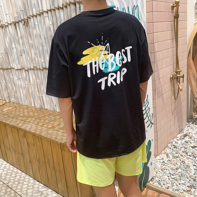 비치 루즈핏 반팔 래쉬가드 티셔츠 SW18905F, 블랙, M[90~95]