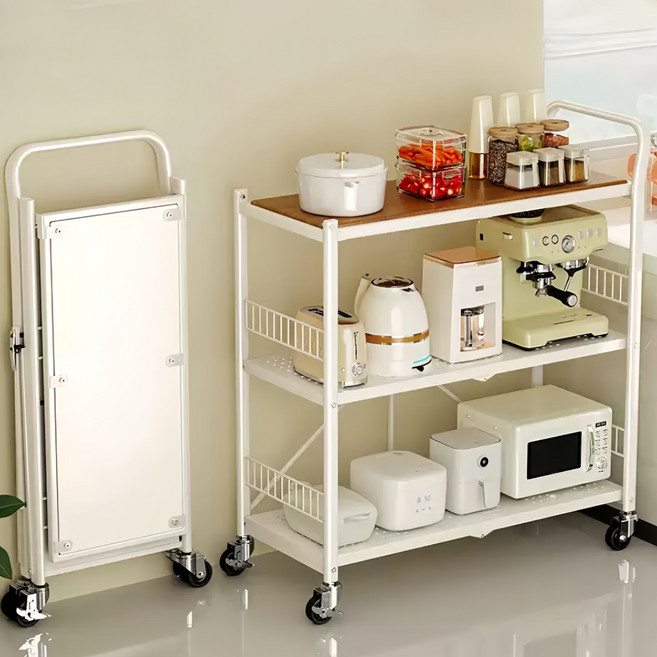 GOOD MOMENT 주방용 접이식 이동식 수납 전자레인지 선반 3단 트롤리 테이블, 화아트