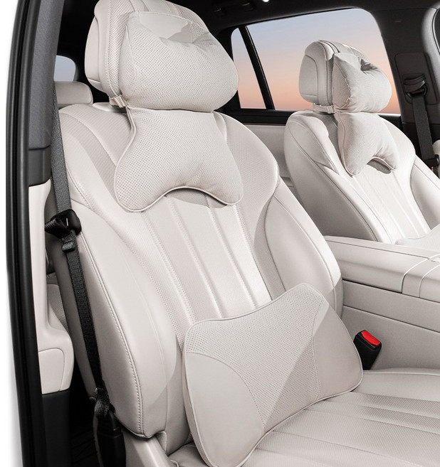 차량용 목쿠션 허리쿠션 프리미엄 요트 가죽 클라우드 솜 메모리폼 숨쉬는 타공 원단 목 보호 쿠션 사계절 공용 통기성 타공 자동차 시트 등받이 쿠션, [크림 화이트] 세트, 1개
