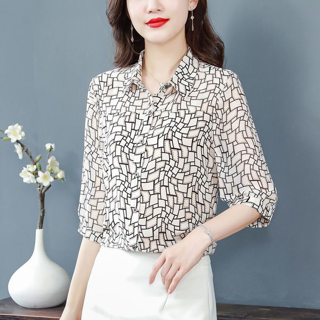 여성용 가을 빅사이즈 중년 쉬폰 셔츠 루즈핏 7부소매 블라우스