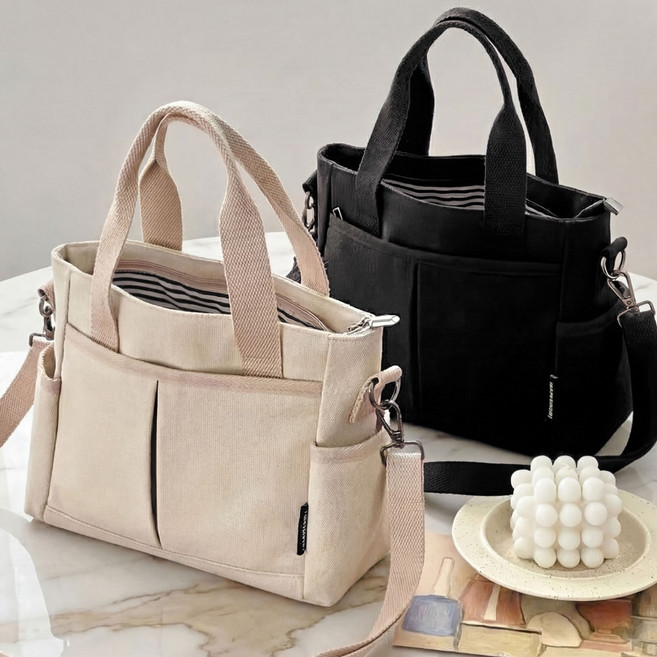 라뷰드 사각 캔버스 에코백 탈부착 여성 숄더 스트랩 가방 여자 중형 대형 숄더백 지퍼 포켓 수납 크로스백 데일리 캐주얼 손가방