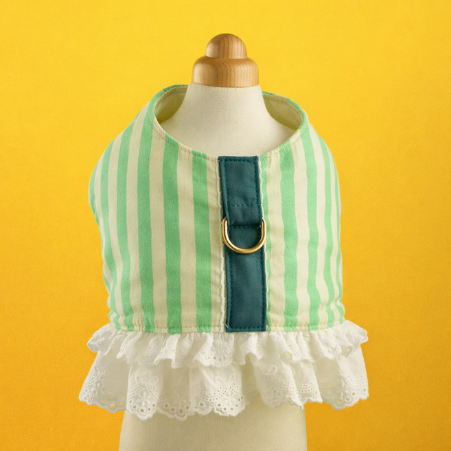 강아지 하네스 옷 에어매쉬 레이스 스트라이프 초간단 이중잠금 조끼, 1개, 그린