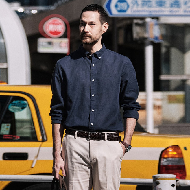 [STCO] 남성 자개단추 소프트 스트라이프 린넨 셔츠 레귤러핏 네이비