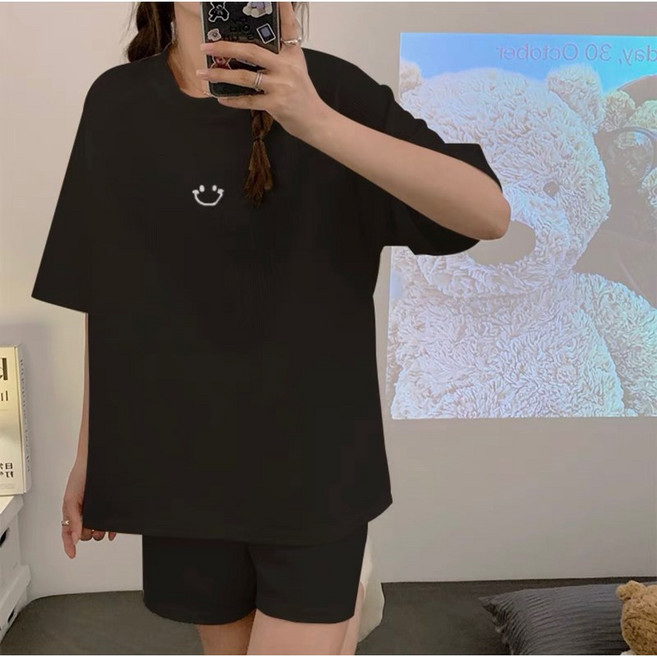 笑臉華夫格睡衣套裝 - 夏季薄款寬鬆家居服
