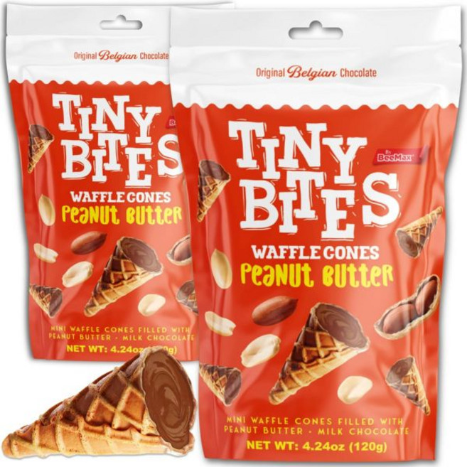 BEEMAX 초콜릿 타이니 바이트 바삭한 미니 와플 콘 간식 프리미엄 벨기에 4.24온스 가방 2개 세트 다양한 맛의 맛있음 완벽한 디저트 아이스크림 토핑 호박 시나몬, 땅콩 버터, 4.24 온스 (2개 묶음), 120g