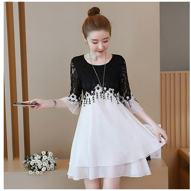 뉴욕멋쟁이 망사레이스 배색 쉬폰원피스 하객원피스 (44~99사이즈까지)