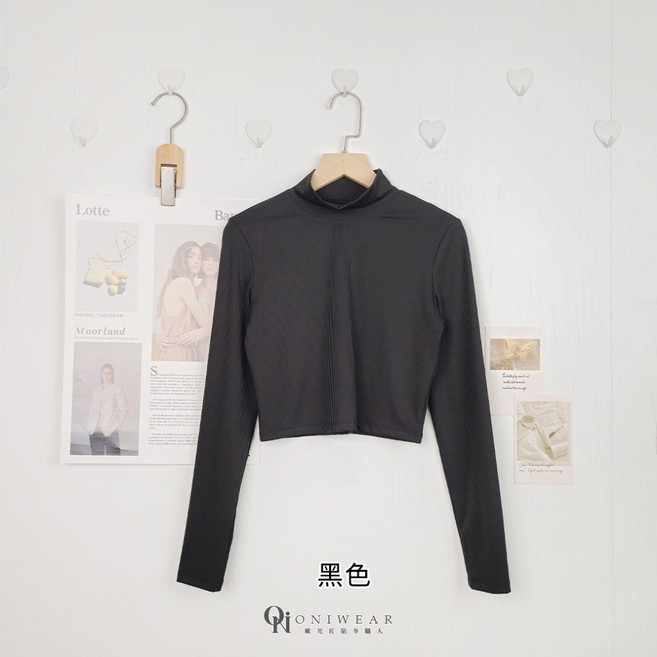 【OniWear】螺紋小立領長袖短版上衣 戶外跑步瑜珈運動上衣