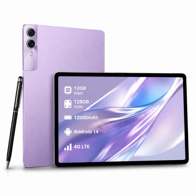 11인치 LTE 태블릿PC 안드로이드14 12GB+128GB 12000mAh 가성비 영상시청 학습용 키보드 세트, Wi-Fi+Cellular, 128GB, 소프트 퍼플