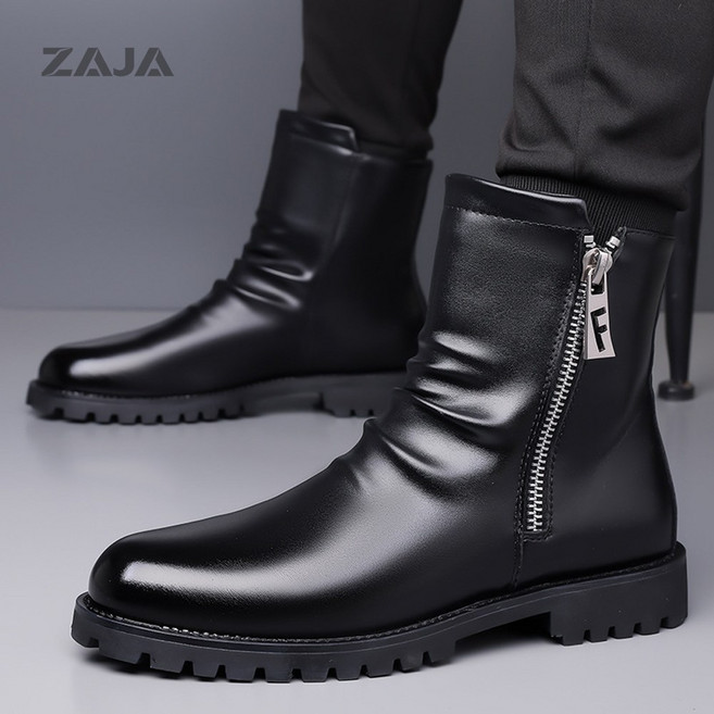 ZAJA 남자 첼시부츠 통굽 워커 하이탑 논슬립 지퍼 가죽 부츠