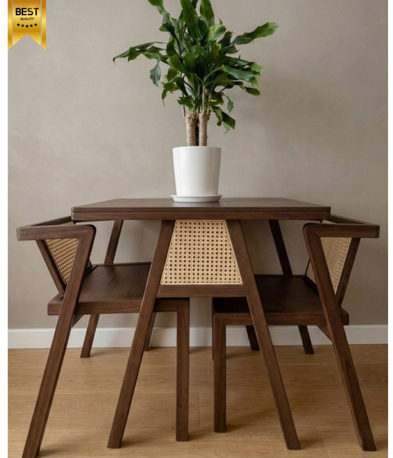 아르웨나 원목 2인 식탁세트 원목 의자 포함 월넛 무조립 데일 북유럽, 일반 2 + 벤치 1, 2인용 라탄 식탁세트 월넛색