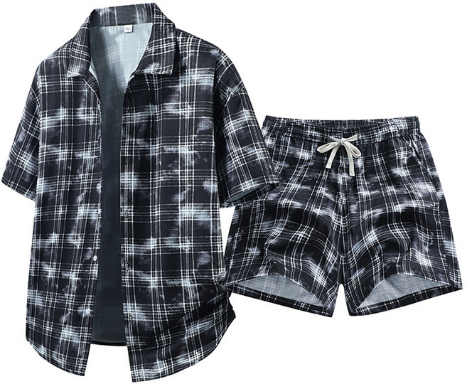 ANYOU 여름 남성 심플 체크 셔츠 세트 코디 반바지+셔츠 투피스