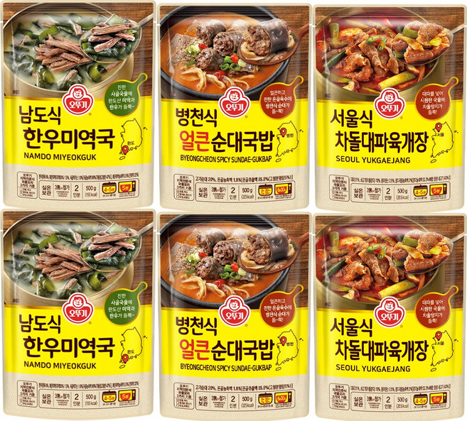 오뚜기 남도식 한우미역국+병천식 얼큰순대국밥+서울식 차돌대파육개장, 500g, 6개