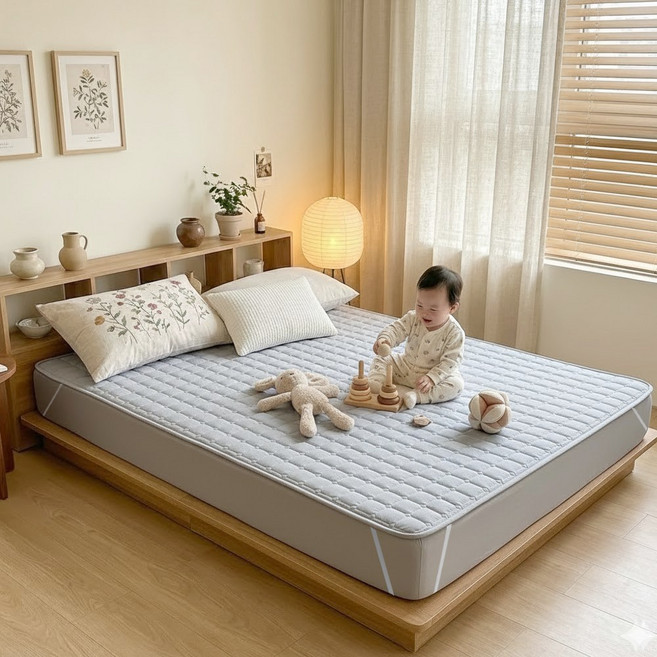 리보아 사계절 순면 누빔 매트리스 침대 패드 고정밴드형, 그레이