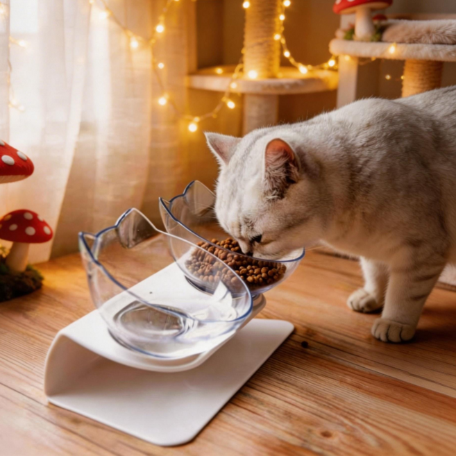 로블레 반려동물 고양이 강아지 경사형 유리 2구 식기, 1개, 2구 투명