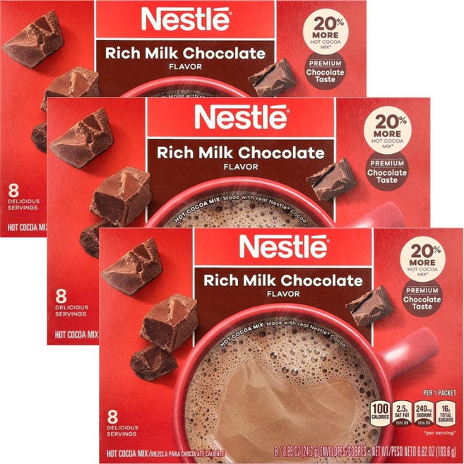 네슬레 핫초코 핫코코아믹스 리치 밀크초콜릿 핫쵸코 (Nestle Hot Cocoa Mix), 3개, 8개입, 24.2g
