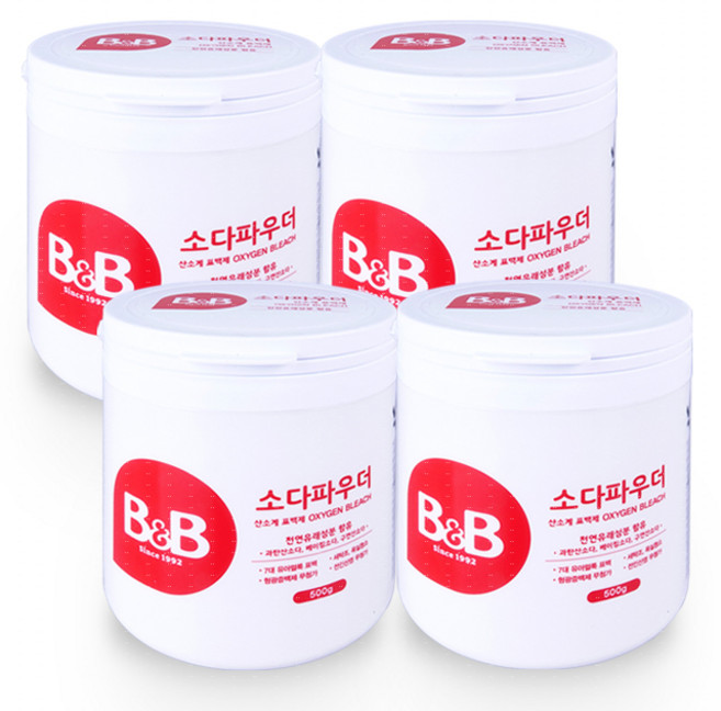 비앤비 소다파우더 500g 산소계 표백제 얼룩제거 탈취 살균 표백, 4통+마술패치 1매
