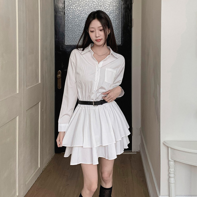 떳다그녀 에이프린 캉캉 셔츠 벨트세트 레이어드 블라우스 봄 나들이 데이트룩 포켓 플레어 미니원피스