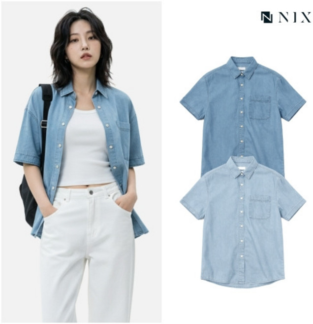 [닉스] [NIX]여) M톤/L톤 오버핏 데님 롤업 반팔 셔츠 (FNQMDSA550M)