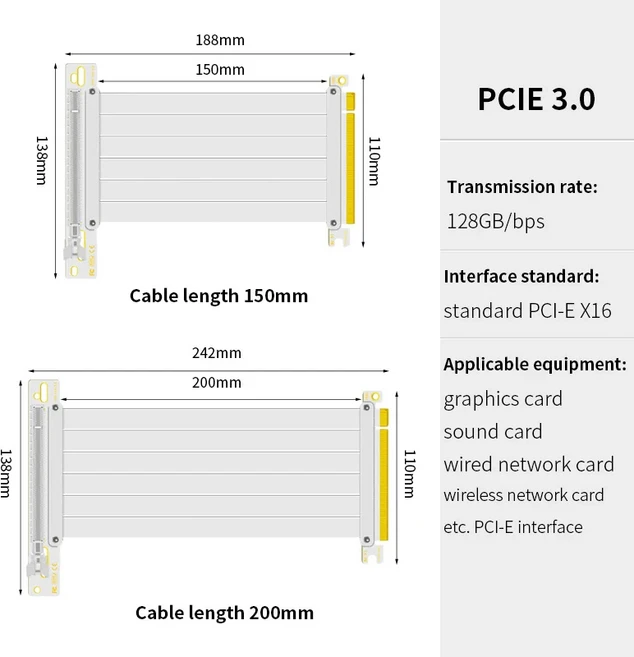 Teucer PCIE Express 4.0 16X 라이저 비디오 카드 확장 차폐 유연한 케이블GPU용 무손실 흑백, 02 15cm, 01 PCI-E3.0 White