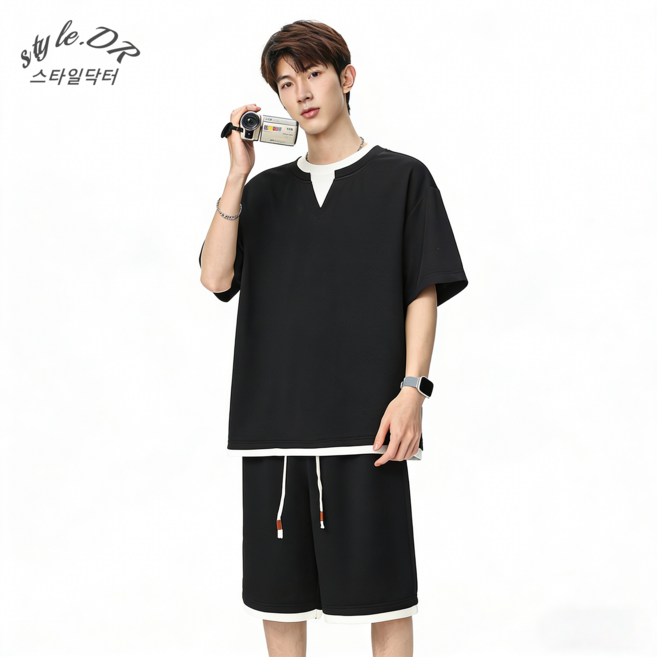 스타일닥터 남자 여름 트레이닝세트 가짜 투피스 오버핏 반팔 반바지 세트