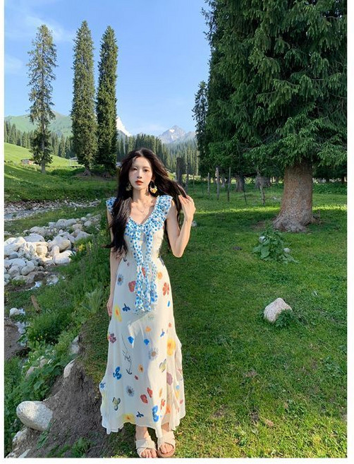 法式溫柔風荷葉邊拼接V領連衣裙女度假印花收腰長裙, 1個, 白色XL 120-140