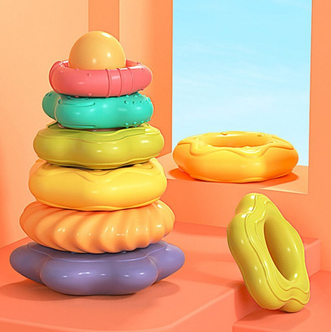 跨境爆款彩虹疊疊樂兒童啓蒙益智玩具彩虹塔不倒翁七彩疊疊圈玩具, 1個, 彩虹疊疊圈, 1片