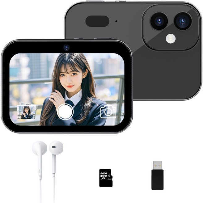 RUNHome 미니 4K 디지털 카메라 전후방 듀얼6400W 픽셀 카메라 PC 카메라 64GB, 블랙