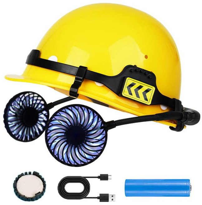 GHSHOP 냉각 팬이 있는 안전 헬멧 실내 실외 건설용 개인용 팬, ABS, 검은 색, 노란색, 1개
