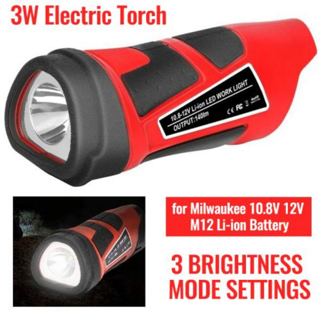 휴대용 전기 토치 작업 램프 휴대용 손전등 밀워키 108V 12V M12 리튬 이온 배터리용 LED 조명 48112401 3W, 01 빠른, 01 Excluding battery, 기타, 1개