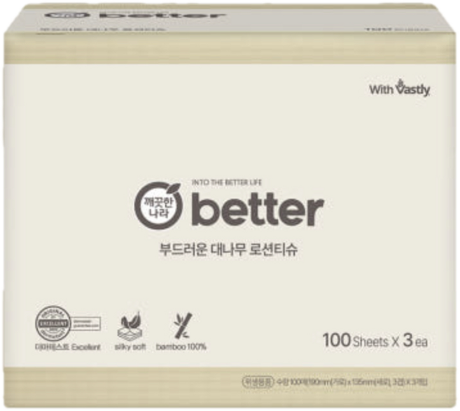 깨끗한나라 better(베러) 부드러운 대나무 로션티슈 100매, 3개입, 2개