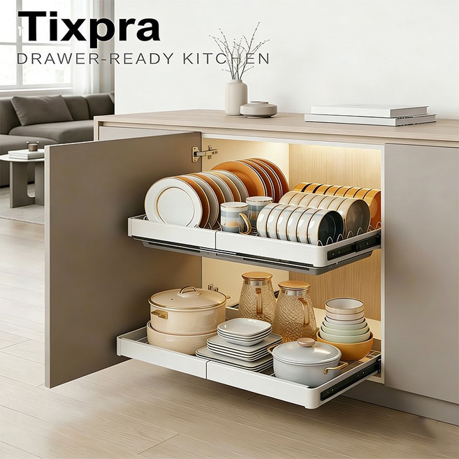Tixpra SUS304 설치 불필요 싱크대 하부장 인출식 식기정리대 물받이 포함 폭조절 슬라이딩 접시 그릇 수납랙, 접시망 풀세트, 1개