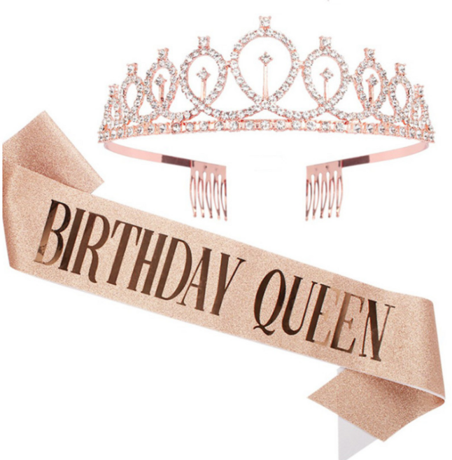 생일 어깨띠 + 티아라 왕관 머리띠 생일파티 공주세트, 1세트, 로즈골드