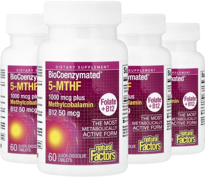 네추럴팩터스 바이오코엔자임 5-MTHF 엽산 비타민B12 녹여먹는 60정 4개 - 쿠팡