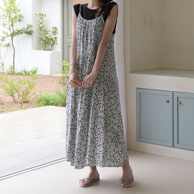 데일리앤 여름 바캉스룩 휴양지 플라워 나염 끈나시 뷔스티에 롱 원피스 모음
