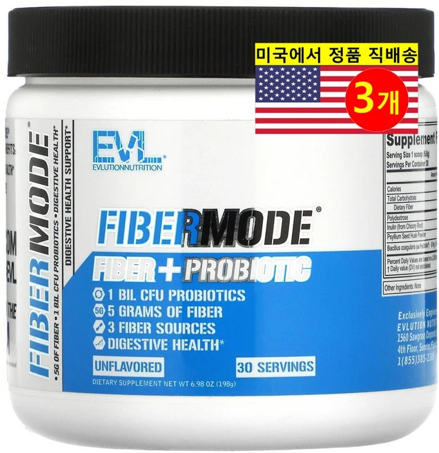 EVLution Nutrition 에블루션 뉴트리션 섬유소 프로바이오틱스 FiberMode Probiotic 무맛, 3개, 198g - 쿠팡
