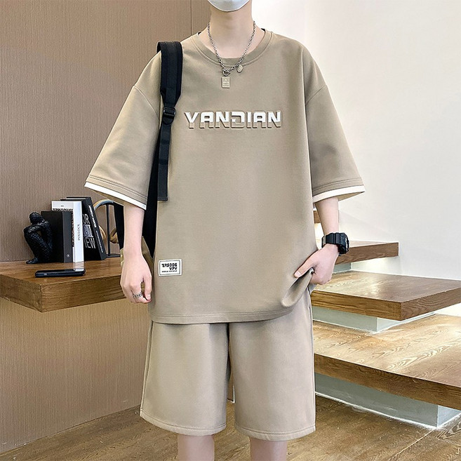 훌룰루 빅사이즈 M-8XL 여름남자반팔반바지세트 오버핏반팔티+5부밴딩팬츠 상하의세트 YPY-8816+K055