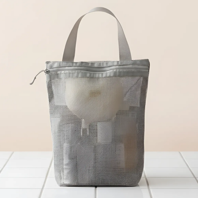 피치미 메쉬 목욕 샤워 가방 세안백 수영장 목욕탕 헬스장 파우치, 그레이