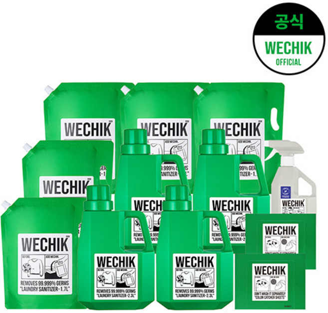 [위칙] [선공개] 소독 섬유유연제 2.3L 4개 + 리필 1.7L 5개 + 섬유탈취제 500ml 1개 + 이염방지시트 30매 2개, 1세트