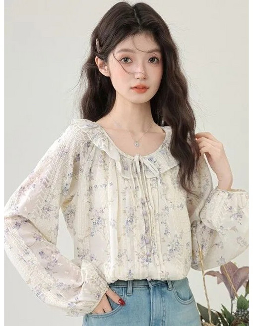 MAKABORO 여성 라운드 쉬폰 긴팔티 루즈핏 플라워 레이스 블라우스 남방 데일리룩