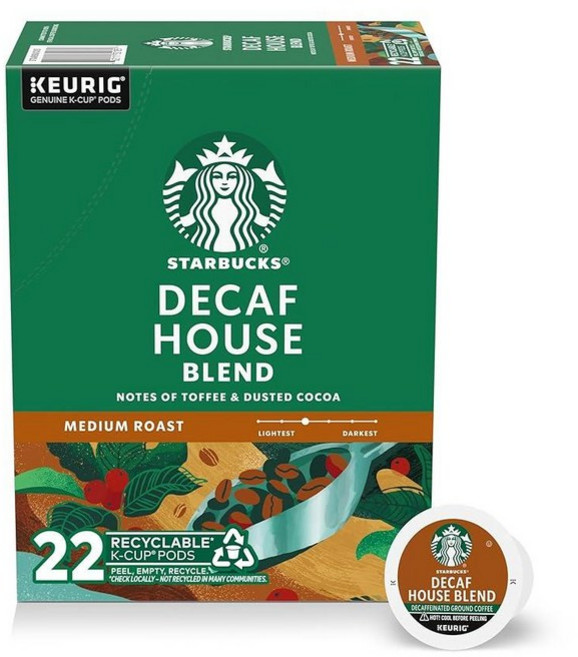 Starbucks K-Cup 커피 포드 미디엄 로스트 핫 또는 아이스 커피 디카페인 하우스 블렌드 큐리그 포드 10개, 22 Count (Pack of 1)