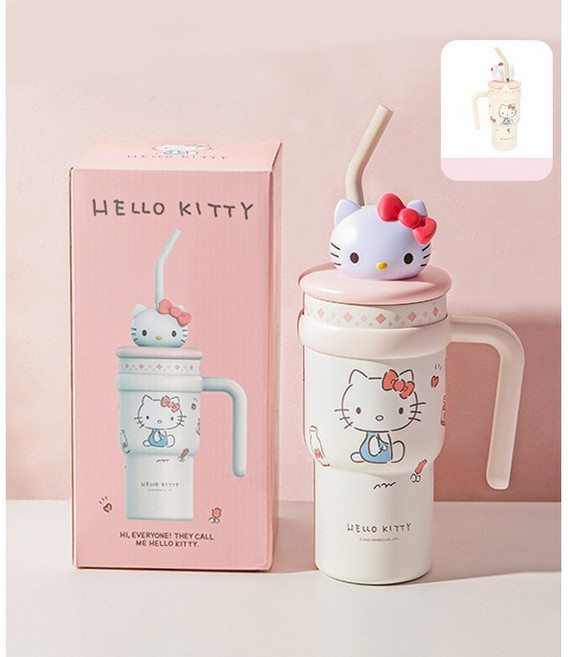 산리오 캐릭터 휴대용 빨대 텀블러 대용량 콜드컵 손잡이, 1개, 700ml, 화이트 헬로키티