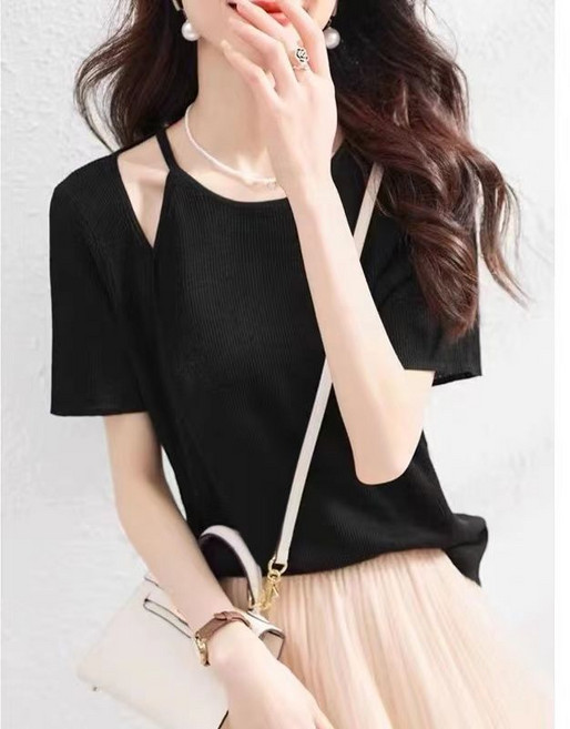 별후이 여성용 여름 얇은 펀칭 오프숄더 아이스 반팔니트 티셔츠0d7fg07LL