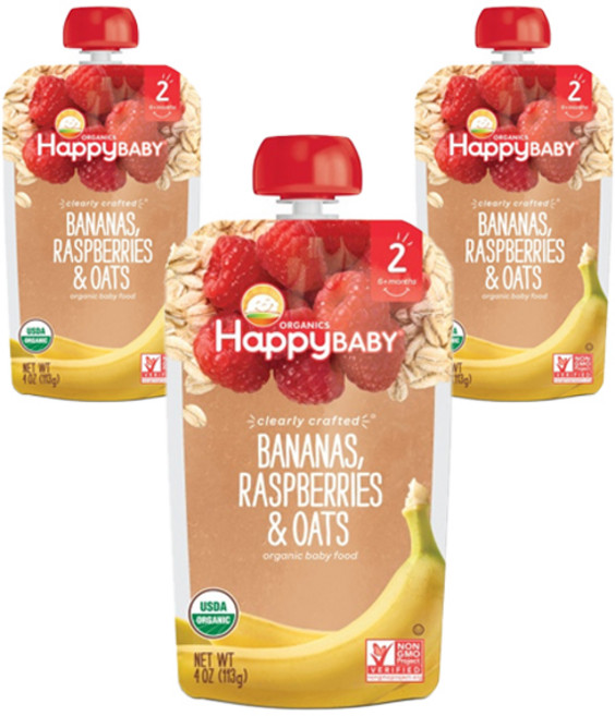 해피베이비 클리어리 크래프티드 어린이 스무디 113g, 3개, 바나나 + 라즈베리 + 오트 혼합맛