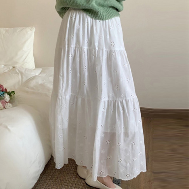 바이미니 밴딩 플레어 캉캉 플로랄 펀칭 아일렛 스커트