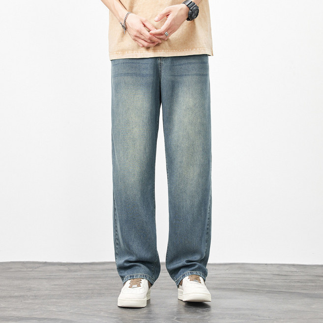 텐셀 청바지 남성 여름 얇은 스타일 루즈핏 스트레이트 와이드 팬츠 남성 아이스 실크 캐주얼 긴 바지 남성용
