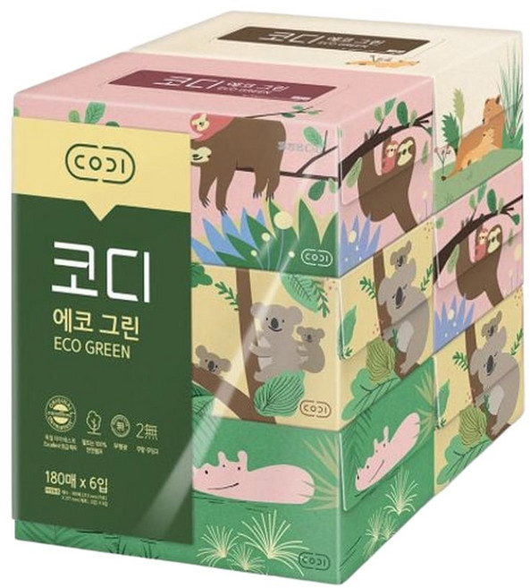 코디 에코 그린 미용티슈 무형광 천연펄프 180매x6입, 180매, 6개