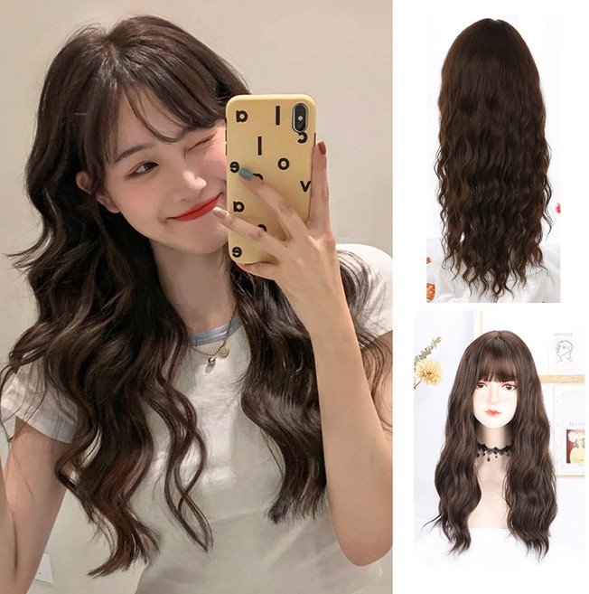 1P/2P 히피펌 통가발 웨이브 긴머리 롱웨이브 가발 긴가발 물결펌 전체가발, 다크브라운, 1개